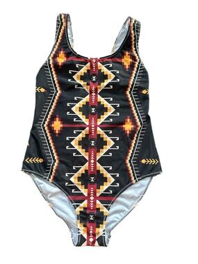 Graphic Gringa Southwest One-Piece Swimsuit in Black, Red & Yellow